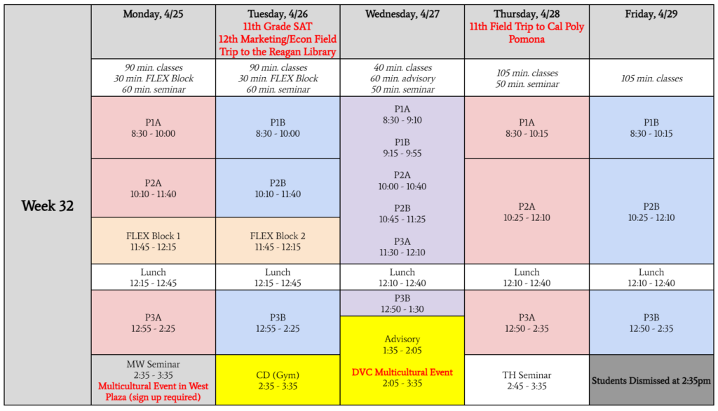 Week 32 Schedule